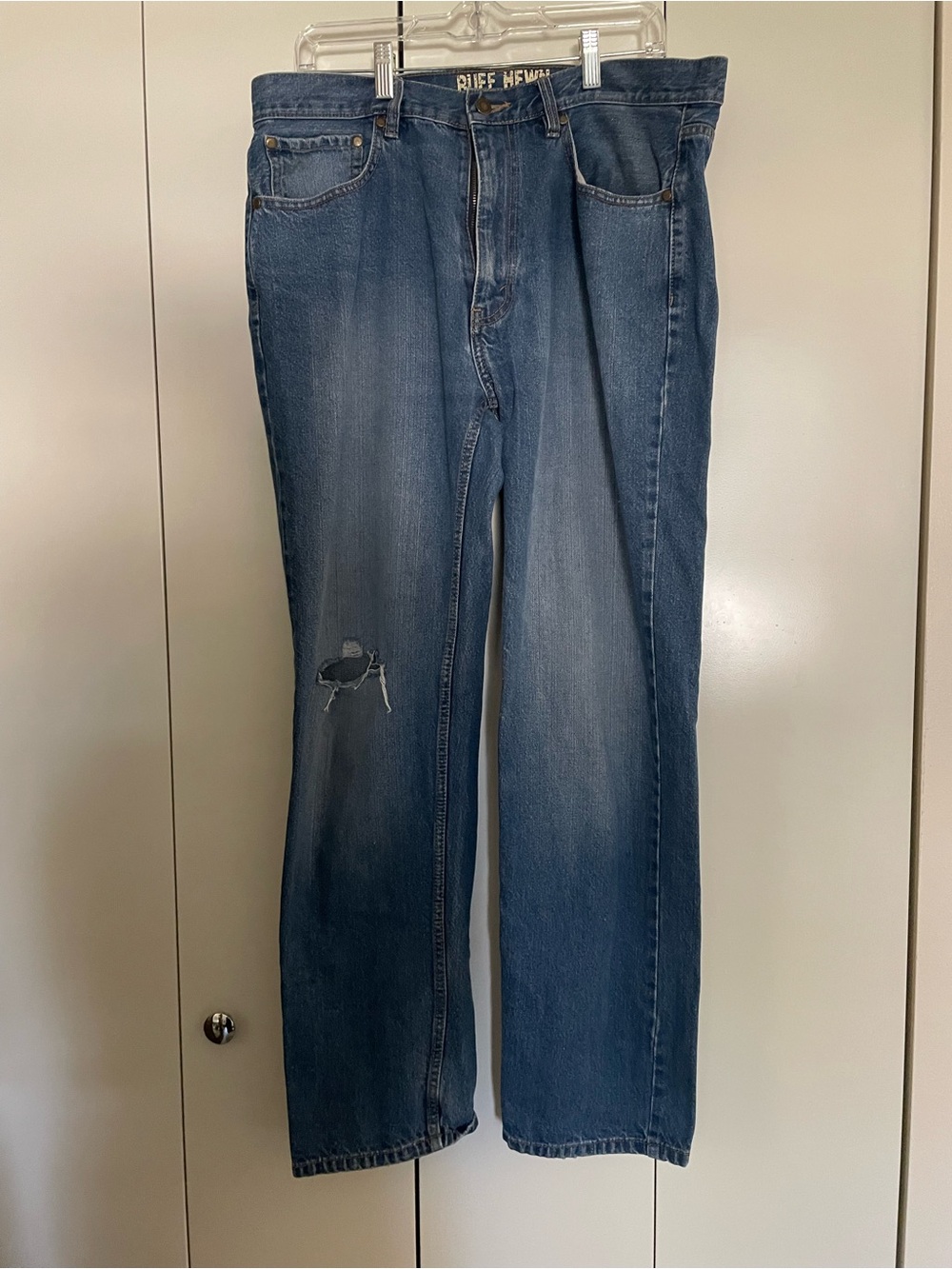 Ruff Hewn Relaxed Fit Jeans in Blue Denim with Distressed Knee